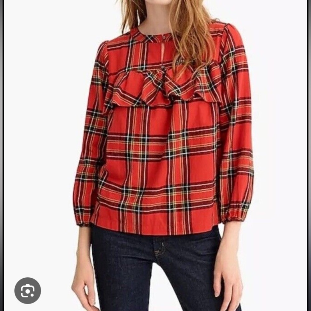 NWT J. Crew Tartan Flannel Ruffle Trim Long Sleeve Popover Top Size XXS